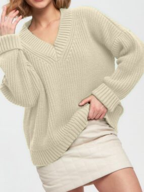 Thick V-Neck Ribbed Oversized Sweater