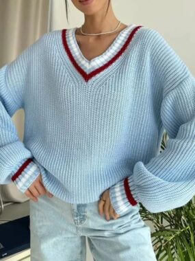 Oversized Trimmed V-Neck Thick Knitted Sweater