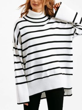Striped Turtleneck Knit Sweater with Slits