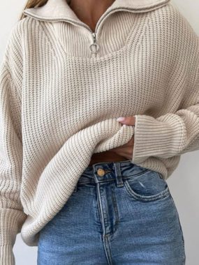 Ribbed Half Zipper High Collar Sweater
