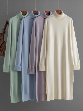 Turtleneck Solid Color Sweater Dress