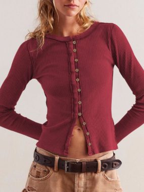 Round Neck Button Up Ribbed Cardigan Top