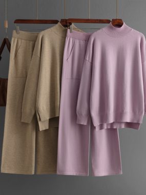 High Collar Sweater & Wide Legged Pants Set