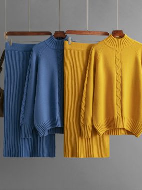 High Collar Sweater and Ribbed Skirt