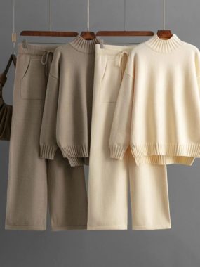 O-Neck Ribbed Sweater and Knitted Pants