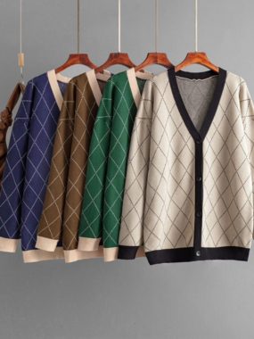 Knitte Plaid Color Contrast Cardigan