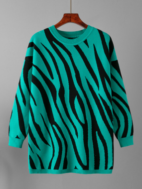 Zebra Pattern Knitted Round Neck Sweater