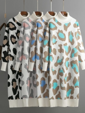 Turtleneck Knitted Leopard Pattern Dress