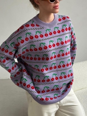 Cherry Patterned Round Neck Sweater