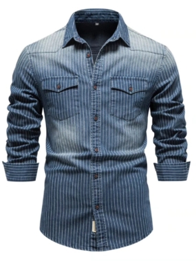 Washed Striped Denim Long Sleeve Shirt