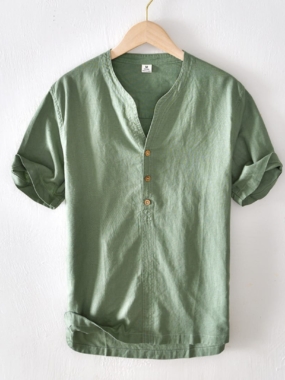 Mao Collar Short Sleeve Linen T-Shirt