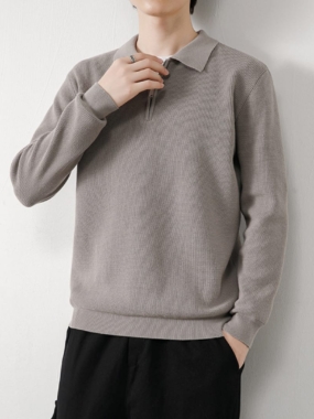 Polo Collar Ribbed Knitted Sweater