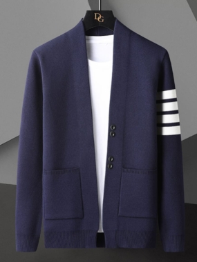 Knitted Cardigan Sweater with Stripes on Sleeve