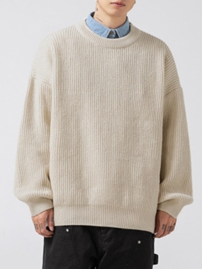 Long Sleeve Round Neck Loose Fit Ribbed Sweater