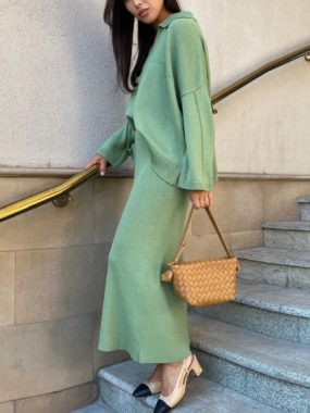 Tone-on-tone Long Skirt and Sweater Set