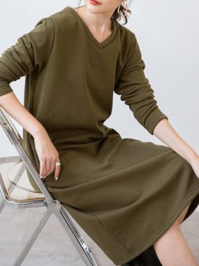 Cotton Fleeced V-Neck Straight Dress