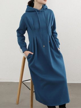 Fitted with Pleated Detail Hooded Tunic Dress