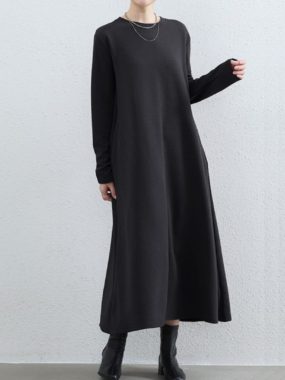 Crew Neck Plain Wide Tunic Winter Dress