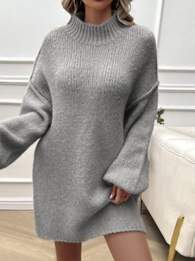 High Neck Plain Long Sweater with Lantern Sleeves