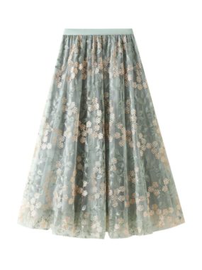 Floral Embroidered Tulle Midi Skirt