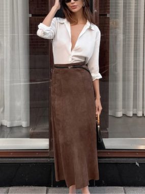 Faux Suede Long Straight Skirt