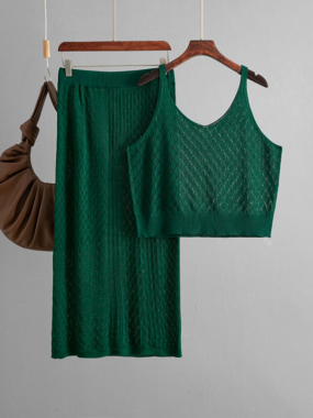 Patterned Knit Thin Strap Top and Straight Skirt