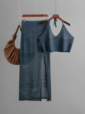 Mesh Illusion Crop Top with Slit Skirt