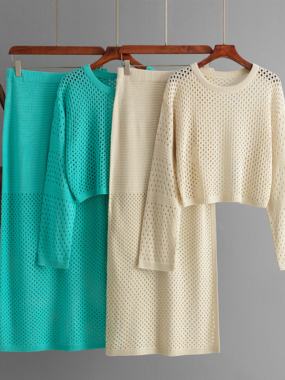 Thin Knit Cutout Long Sleeve Top and Skirt