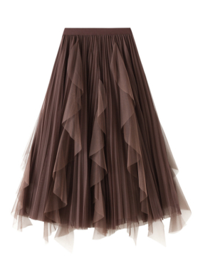 Frilled and Pleated Tulle Midi Skirt