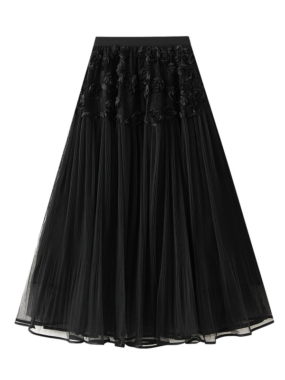 Floral Applique Tulle Midi Skirt