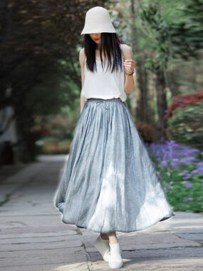 Linen Blend Flared Elastic Waist Long Skirt