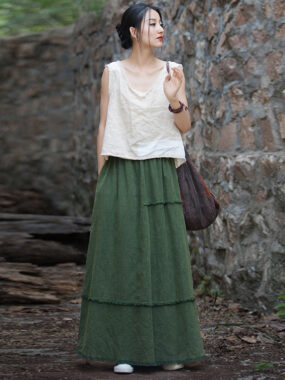 Ramie Basic Straight Skirt with Frilled Lines