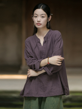 Ramie Boho Drawstings Collar Loose Blouse