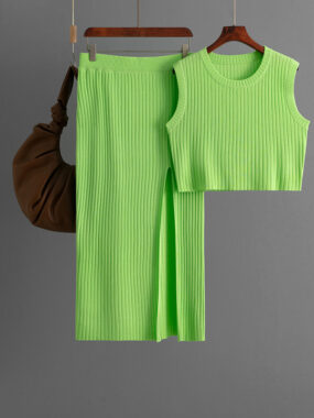 Knitted Crop Top and Slit Skirt Set