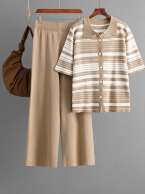Knit Striped Bottoned Tee with Wide Pants
