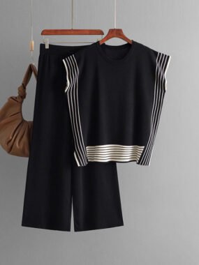Cap Striped Sleeve Knit Top with Pants