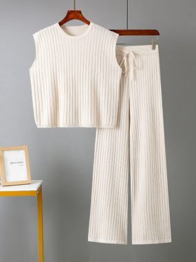 Crop Knit Wide Ribbing Top with Pants Set