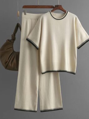 Simple Crew Neck Trimmed Knit Top with Pants
