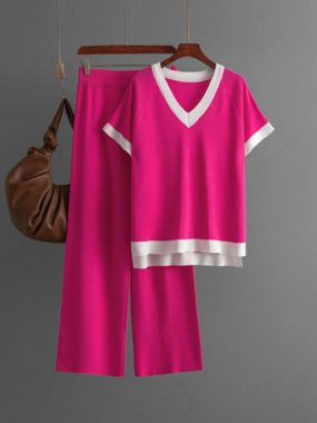 V-Neck Color Blocked Knit Tee and Pants