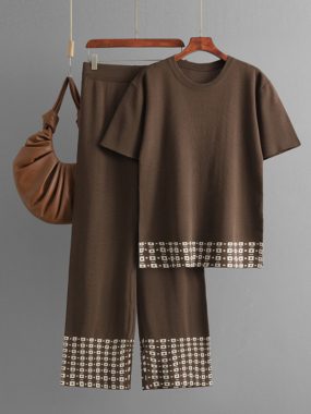 Striped Hem Knit Tshirt and Wide Pants Set