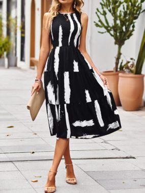 Sleeveless Abstract Brush Stock Print A-line Dress