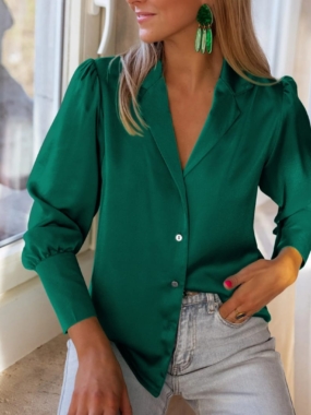 Satin Buttons-up Puffed Sleeves Blouse