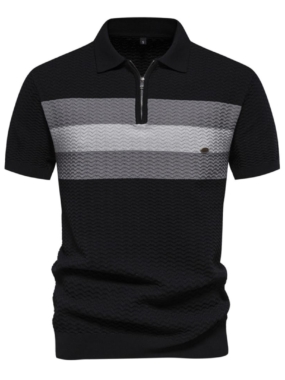 Knitted Polo Collar Wide Striped T-Shirt