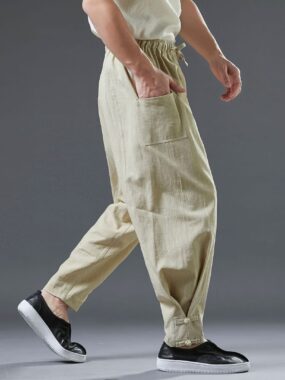 Ramie Pants with Drawstring and Buckles