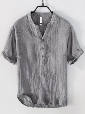 100% Linen Mao Collar Buttoned T-shirt