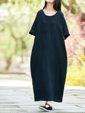 Ramie Blend Balloon Dress with Side Pockets