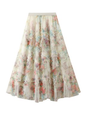 Ruffled Floral Chiffon Skirt with Pearls