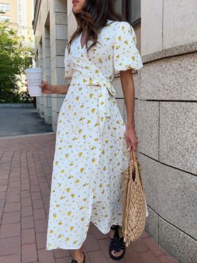 Wrap Floral Print Dress with Puffed Sleeves