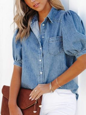 Buttons-Up Denim Blouse with Puffed Sleeves