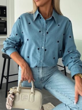 Denim Blouse with Polka Dot